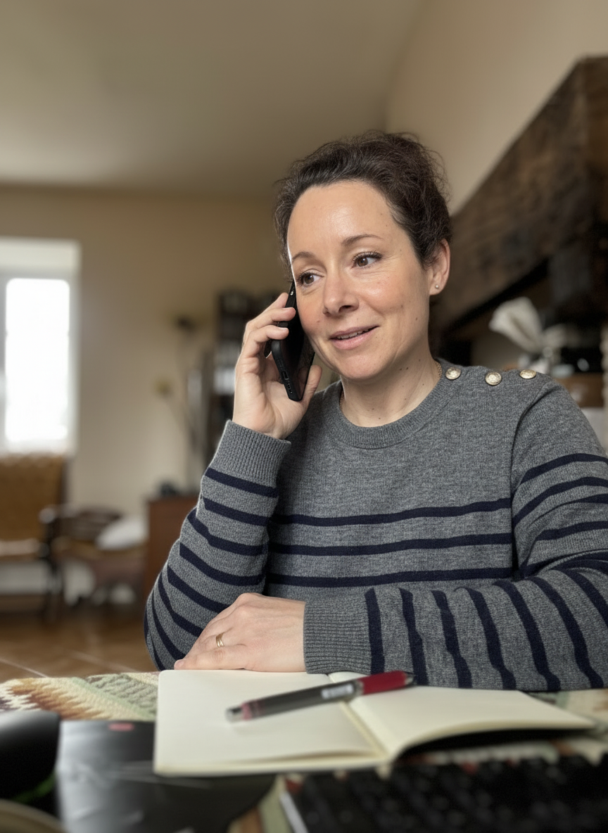 Audrey Schwertz, consultante en communication, au téléphone avec un client dans son bureau en Corrèze